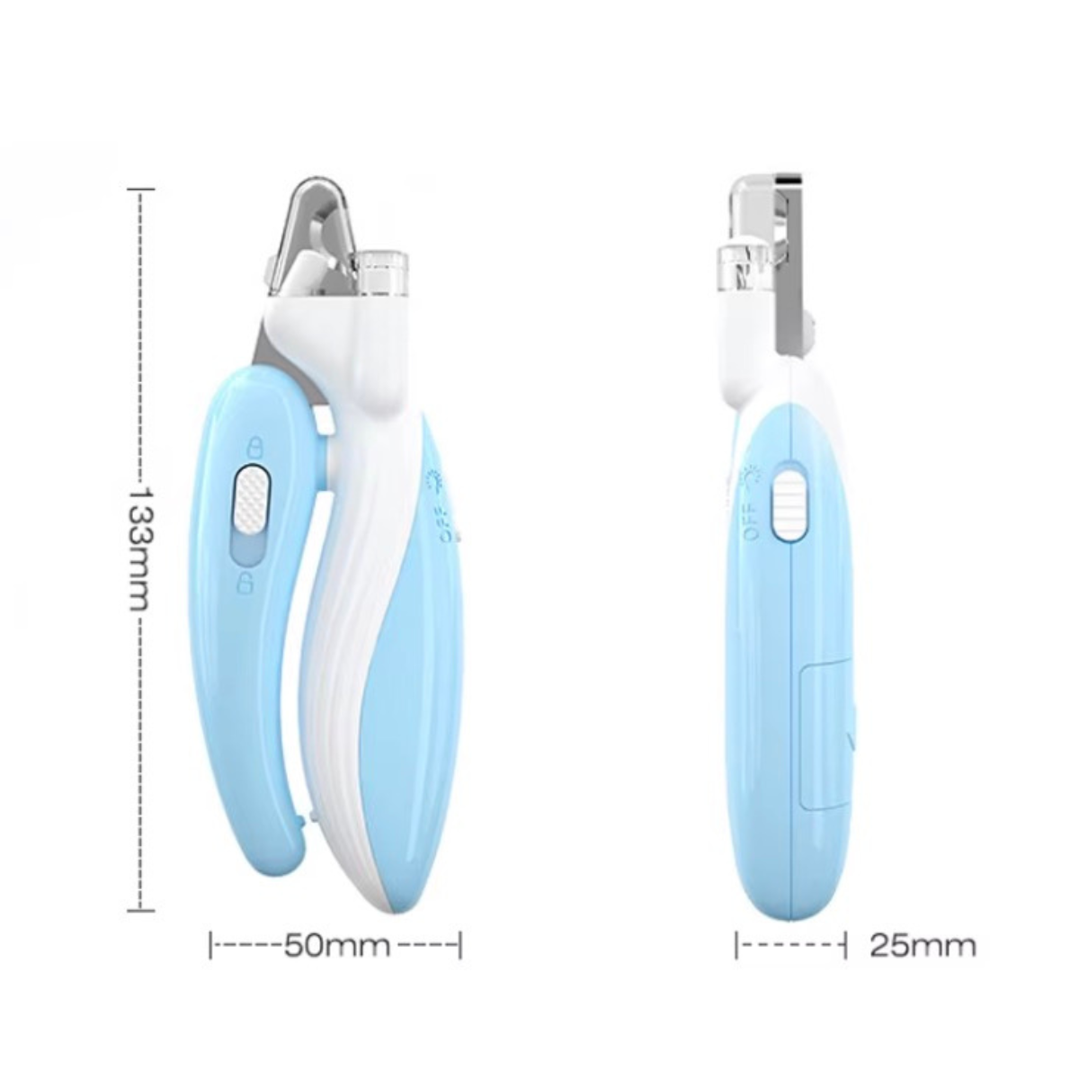 Pet nail clippers with measurements on a white background