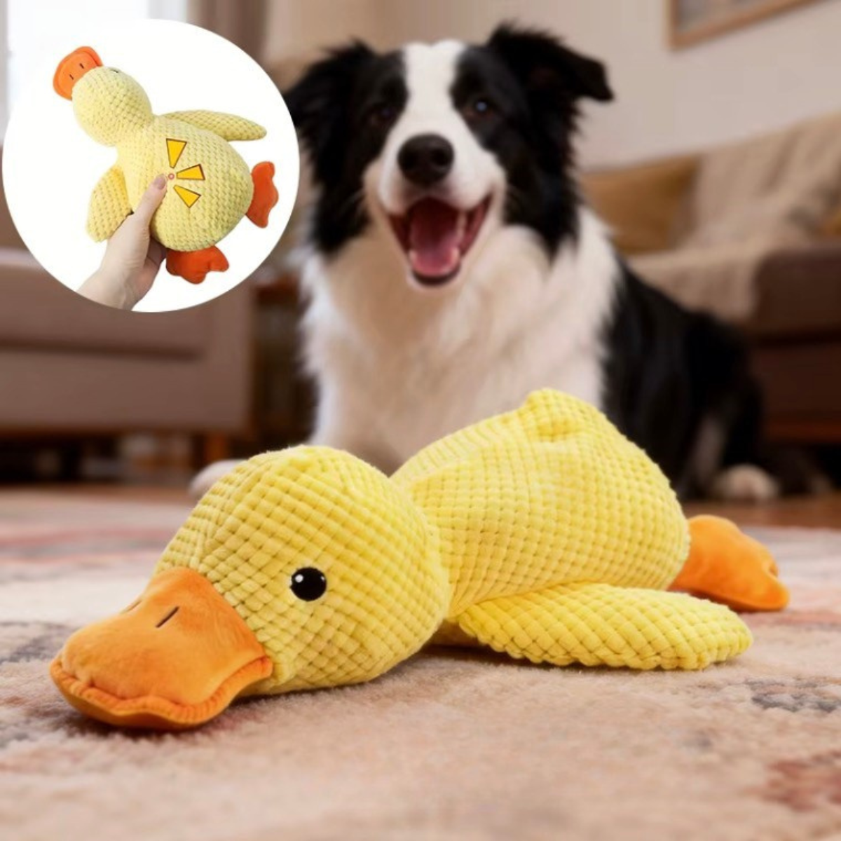 Dog playing with a yellow duck-shaped toy on a carpeted floor.