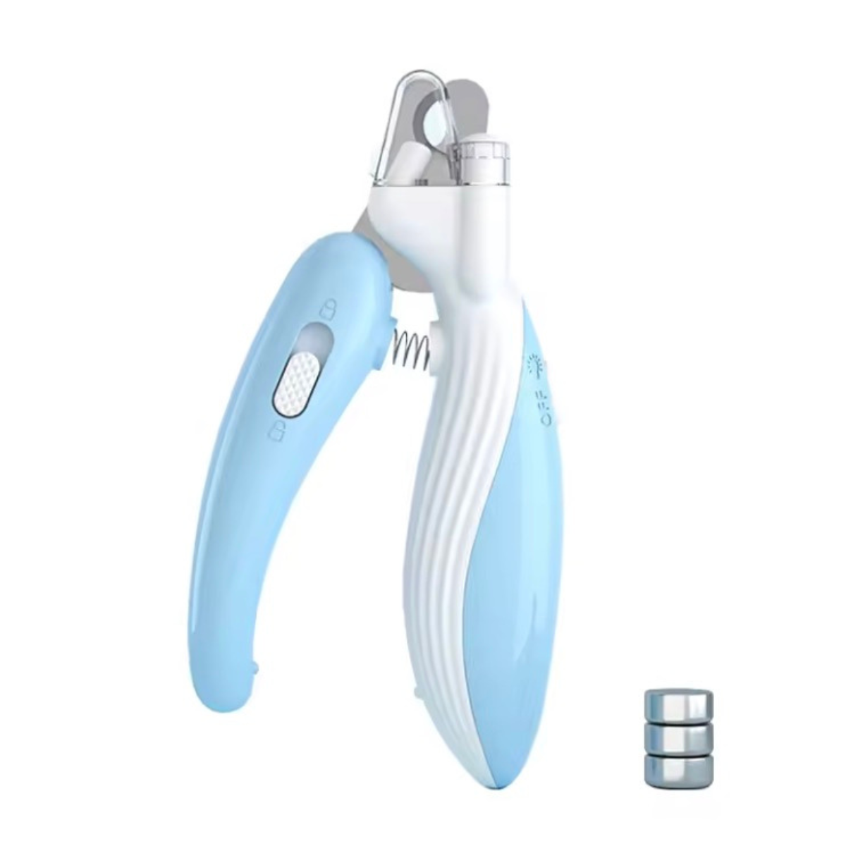 Blue and white pet nail clipper with a small additional tool on a white background