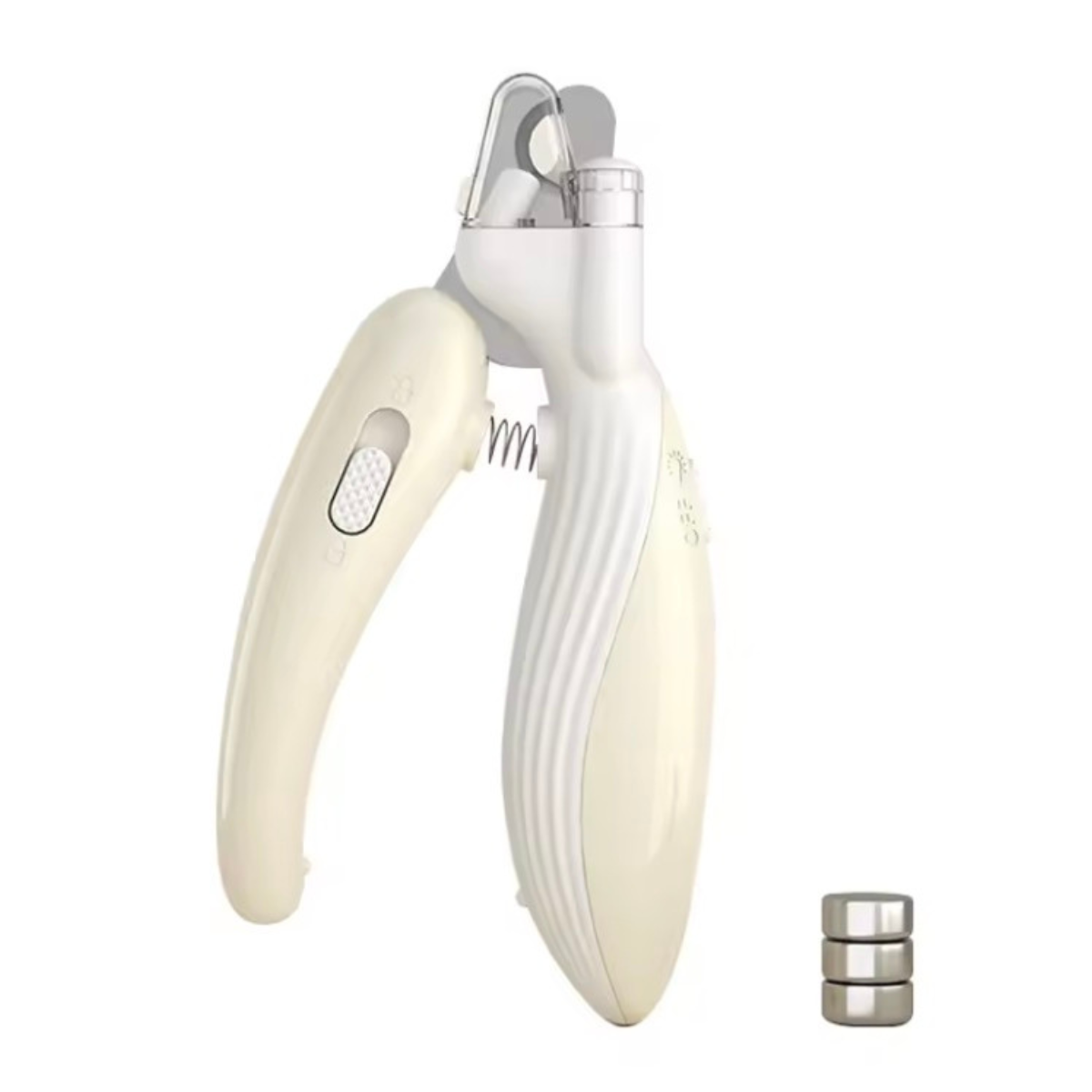 White and beige pet nail clipper with a small metal clip on a white background