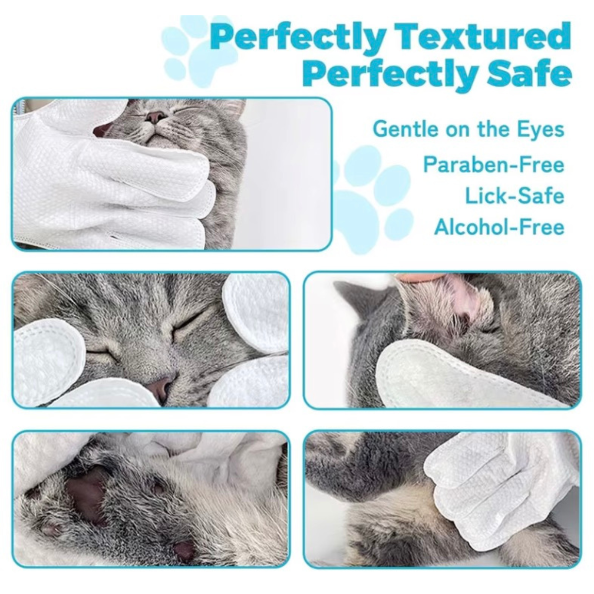 Cat using a grooming product with text highlighting safety features.