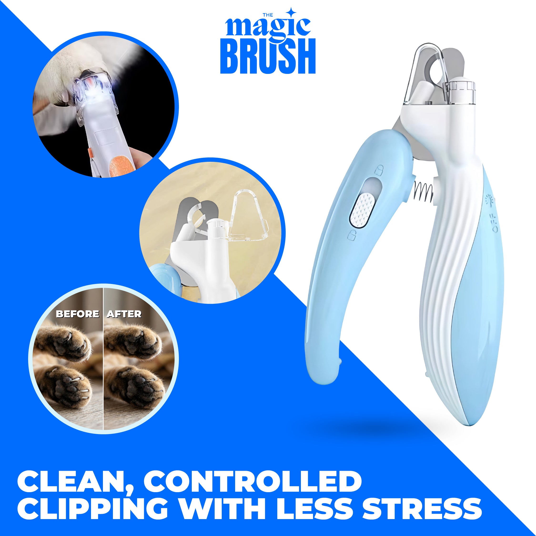 Pet grooming tool with 'magic BRUSH' branding, showing before and after results on a blue and white background.