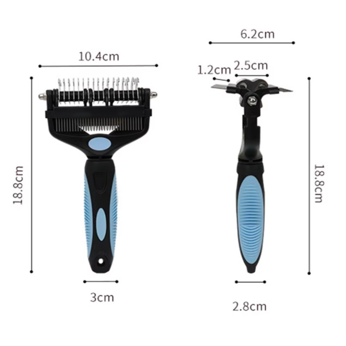 Pet grooming tool with measurements on a white background