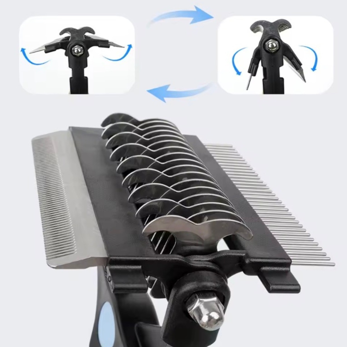 Pet grooming tool with adjustable comb and holder on a white background