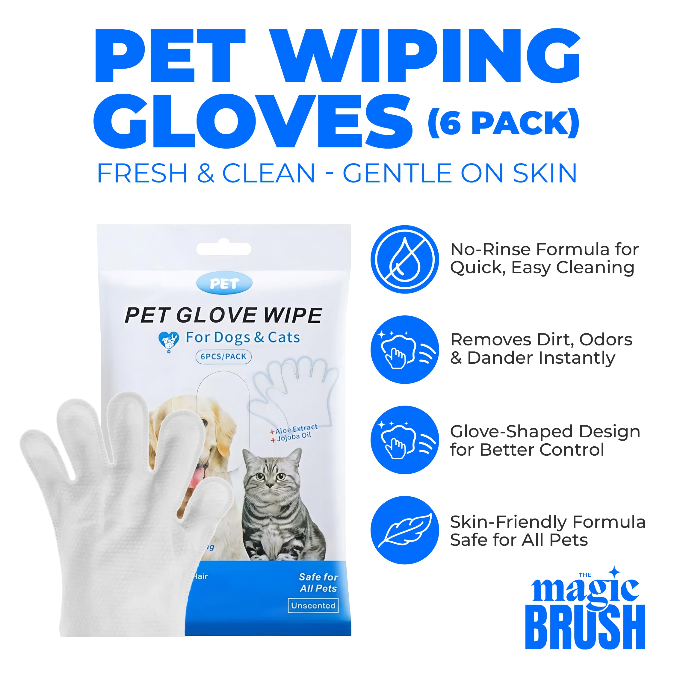 Packaging of Pet Wiping Gloves with product details on a white background