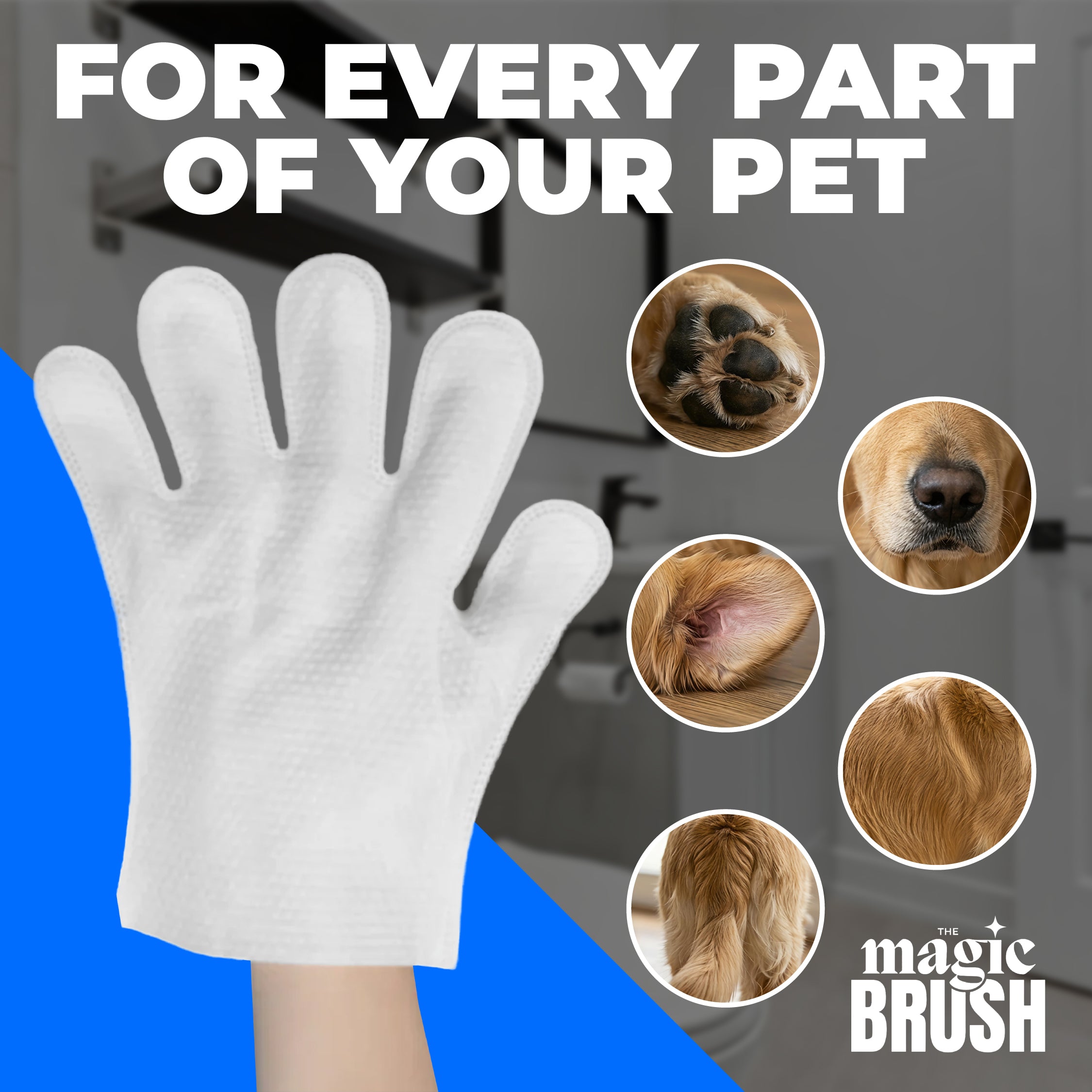 White grooming glove with images of a dog's paw, face, and ear on a blue and gray background.