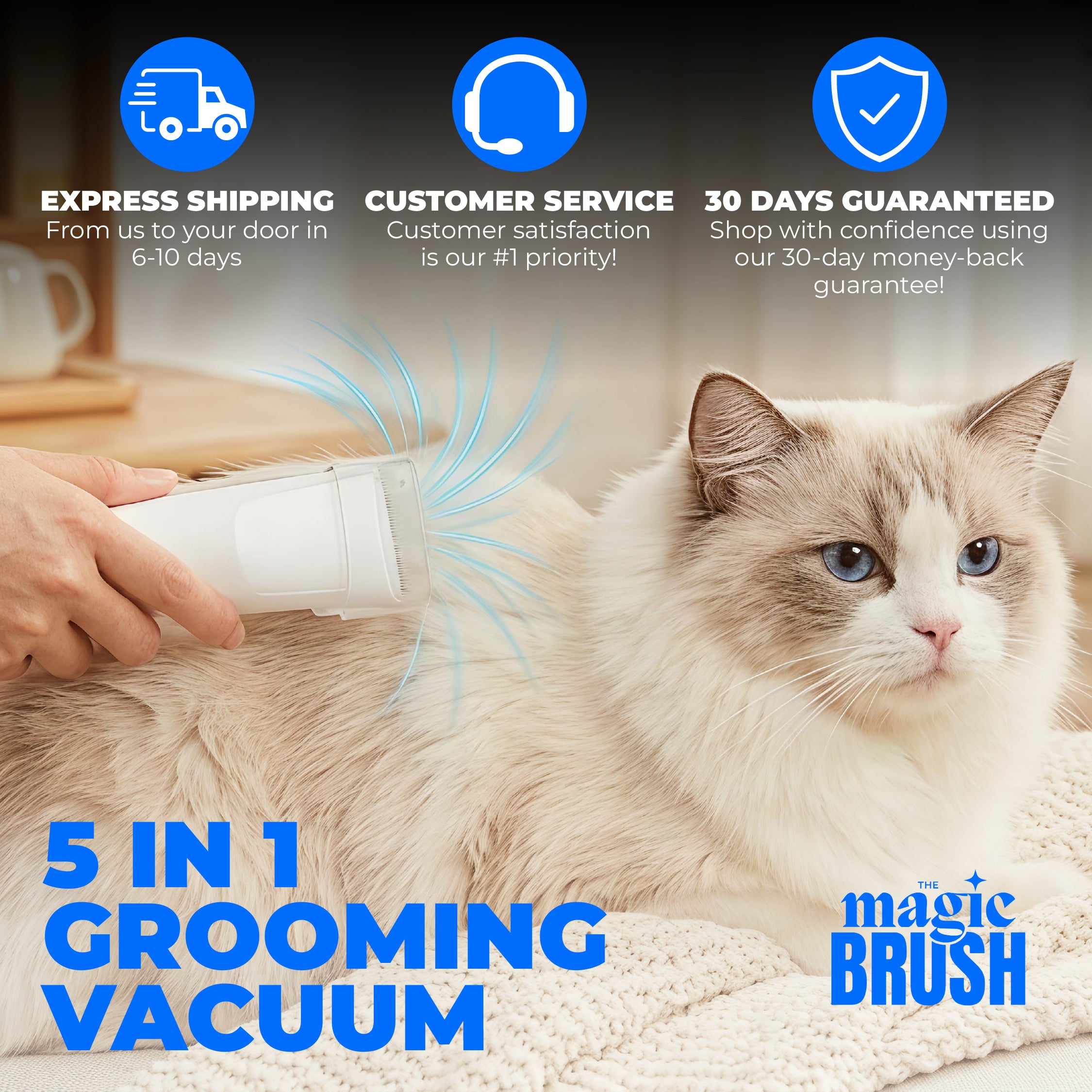 Cat being groomed with a 5-in-1 grooming vacuum, featuring text about shipping, customer service, and a money-back guarantee.