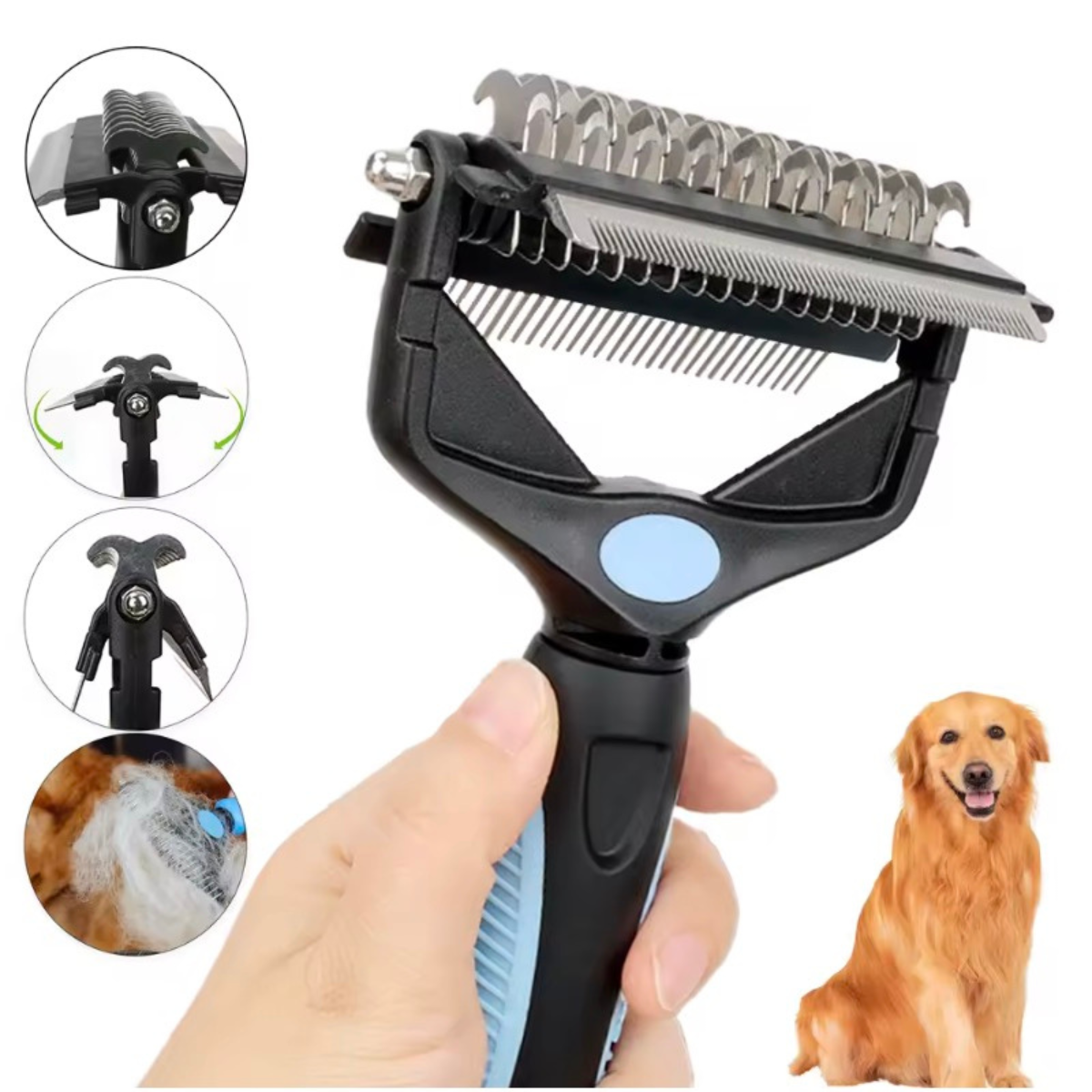 Pet grooming tool with a hand holding it, surrounded by close-up insets and a dog on a white background.