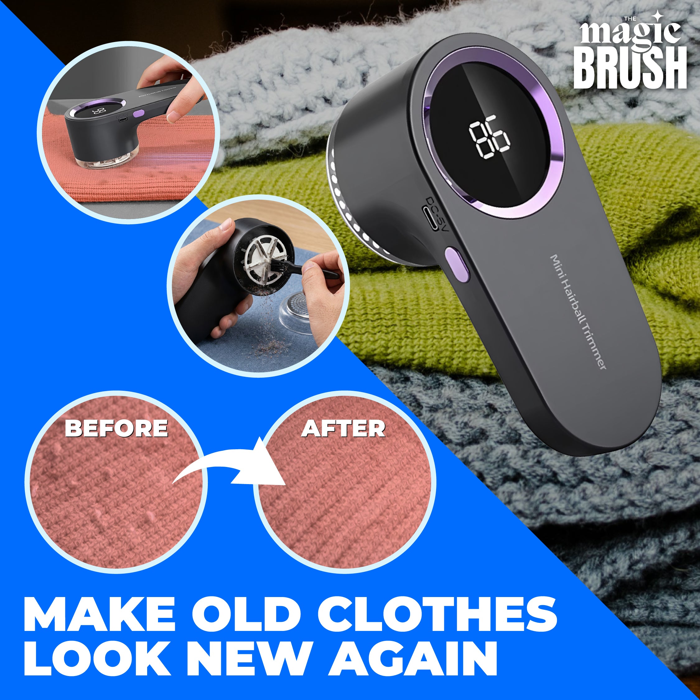 Magic Brush product with before and after images on a blue background