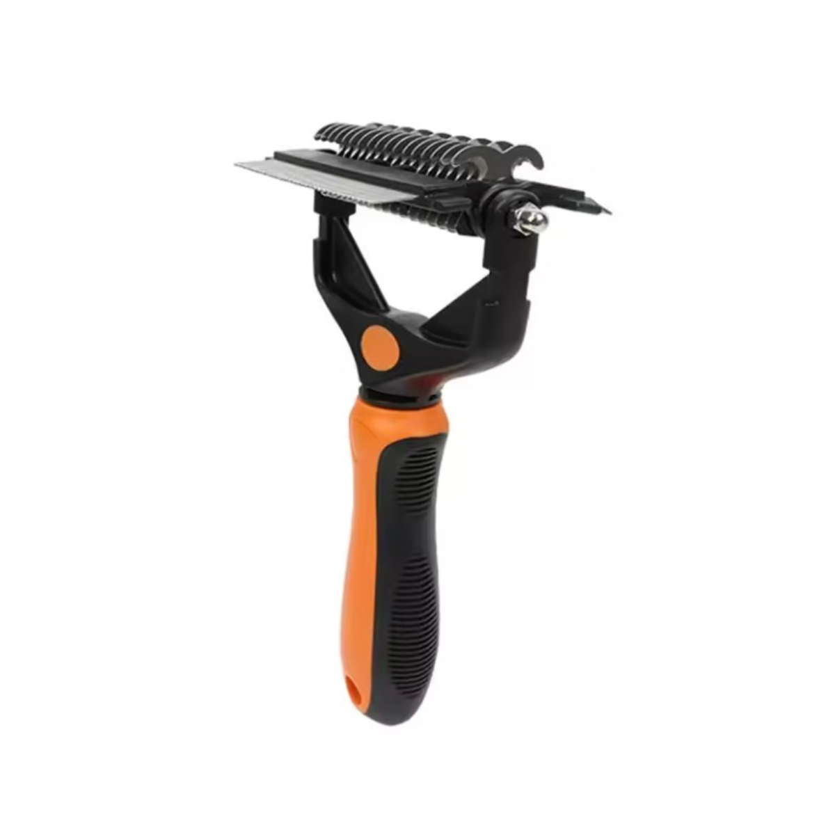 Pet grooming tool with orange and black handle on a white background