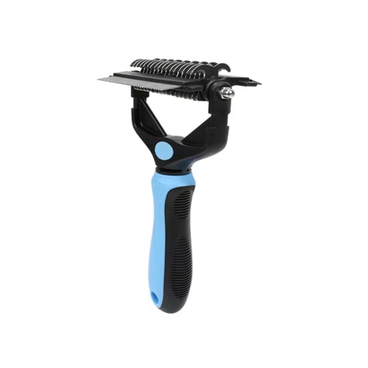 Pet grooming tool with blue and black handle on a white background