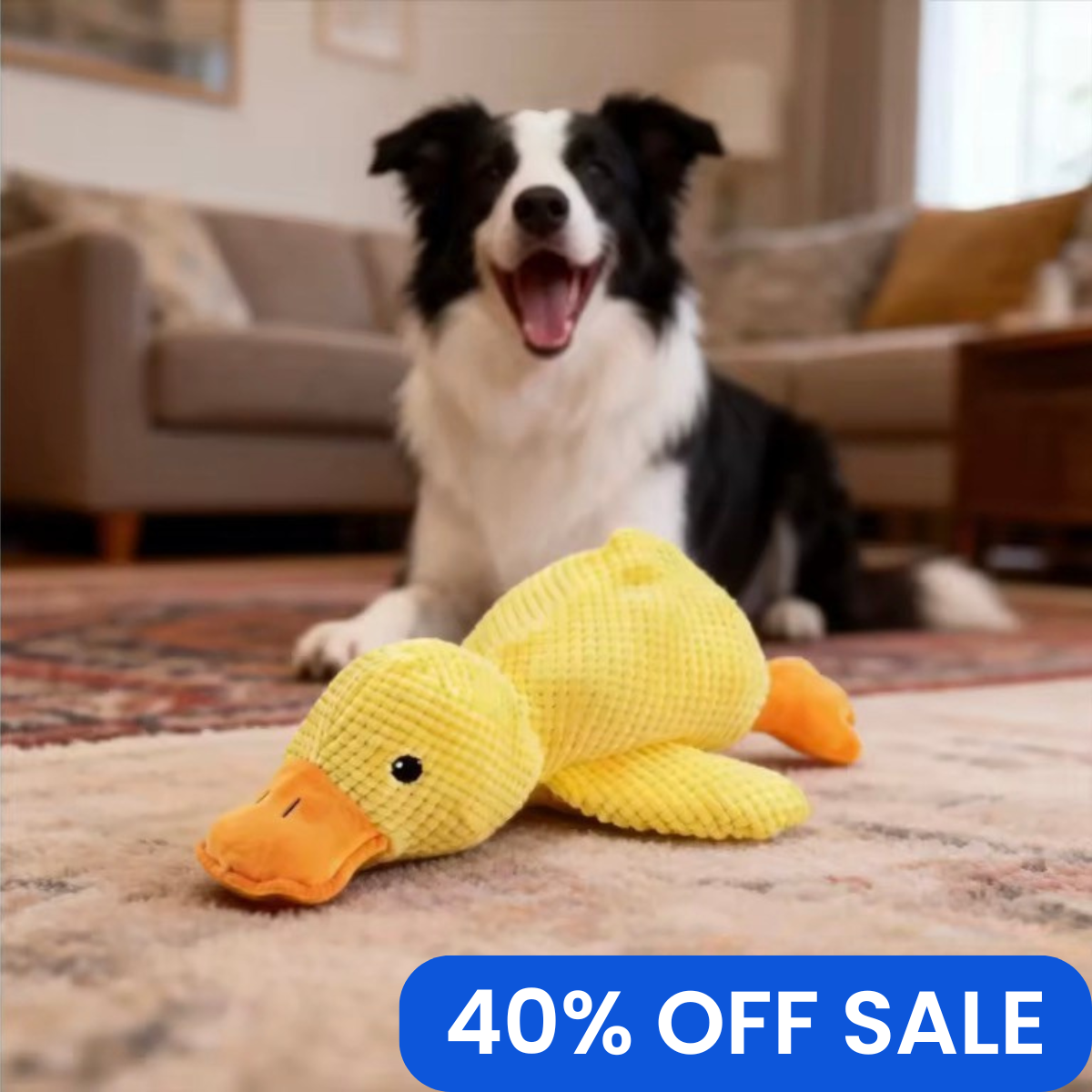 Dog playing with a yellow duck toy in a living room with a '40% OFF SALE' label.