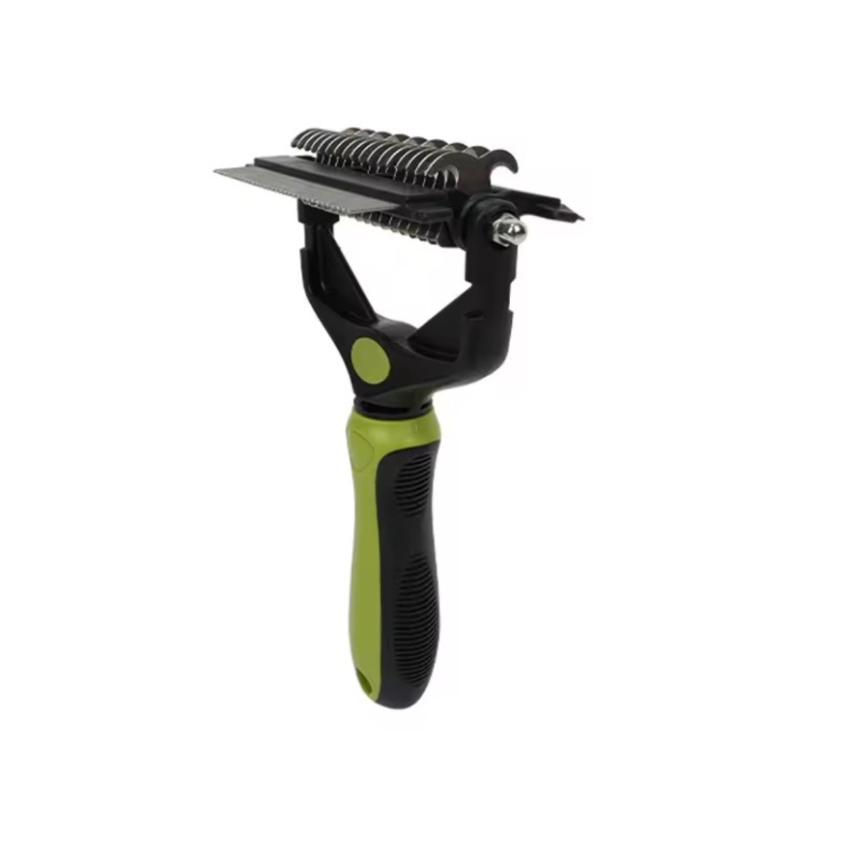 Pet grooming tool with black and green handle on a white background