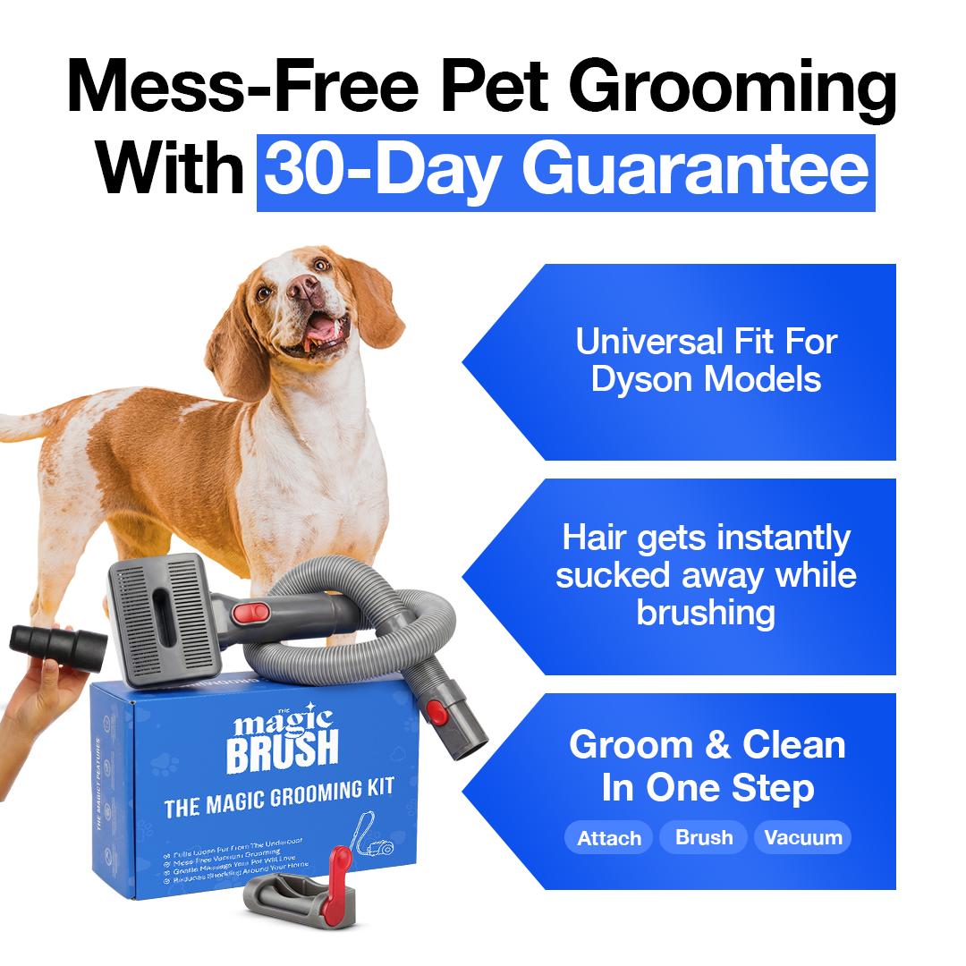 Magic Brush grooming kit with a dog and text about mess-free pet grooming and 30-day guarantee.