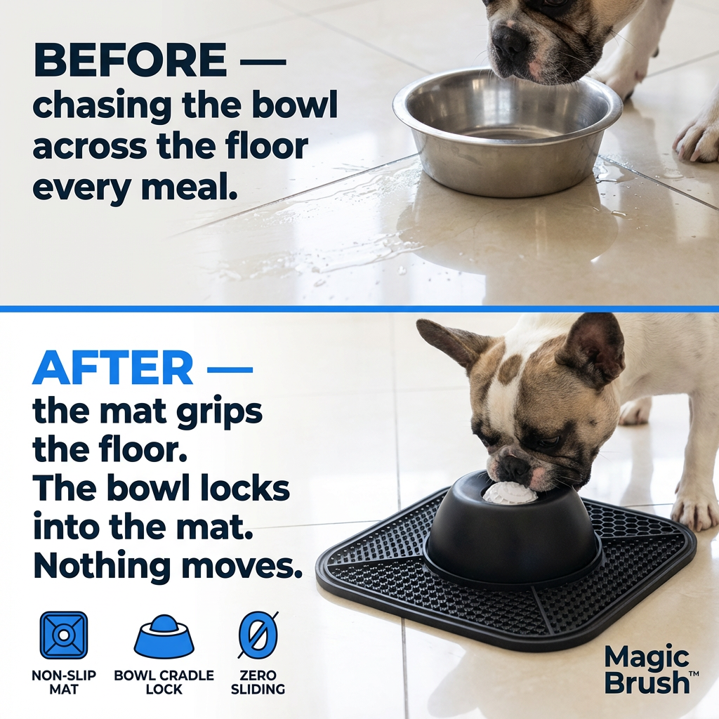 Before and after comparison of a dog using a Magic Brush mat with a bowl on a tiled floor.