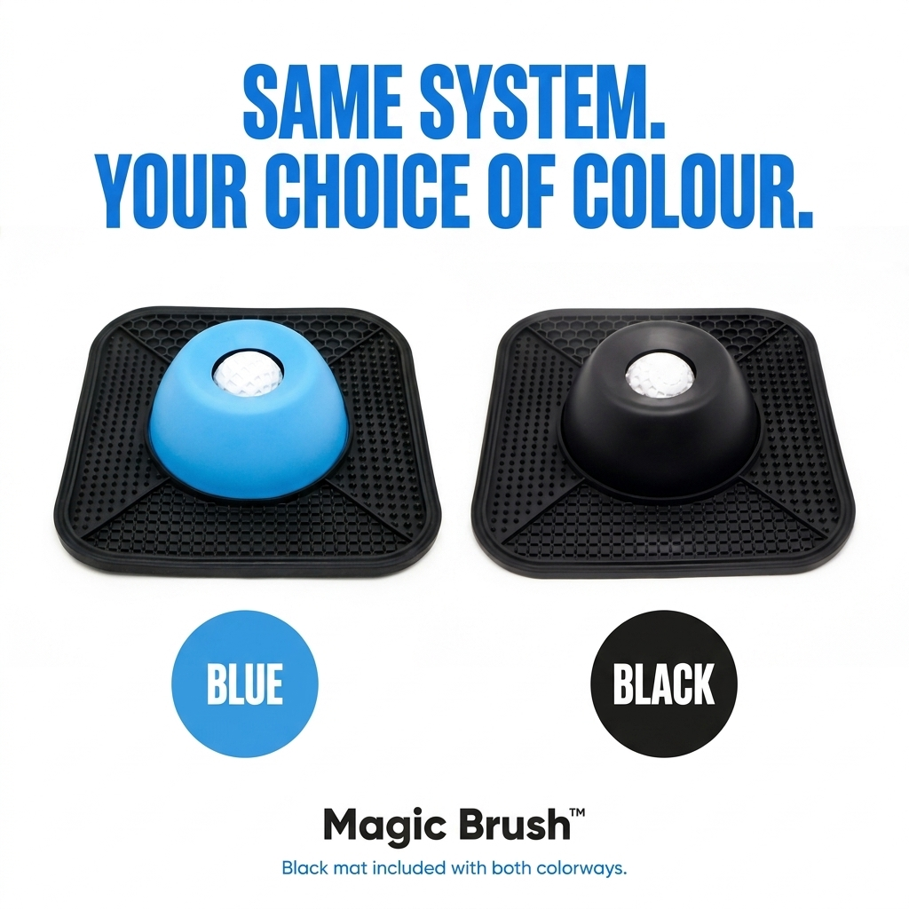Two black mats with blue and black spheres on a white background, featuring text about color choices.