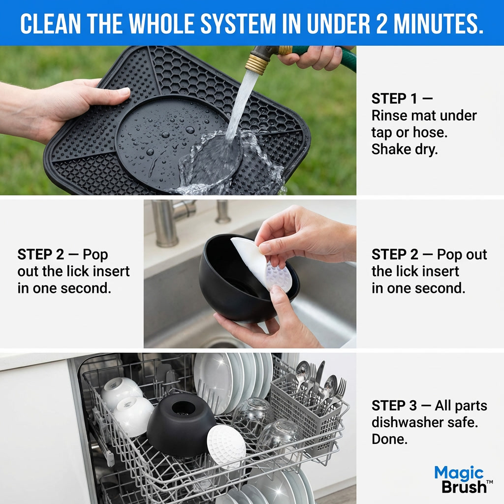 Instructions for cleaning a system using a Magic Brush product, showing steps and images of use.