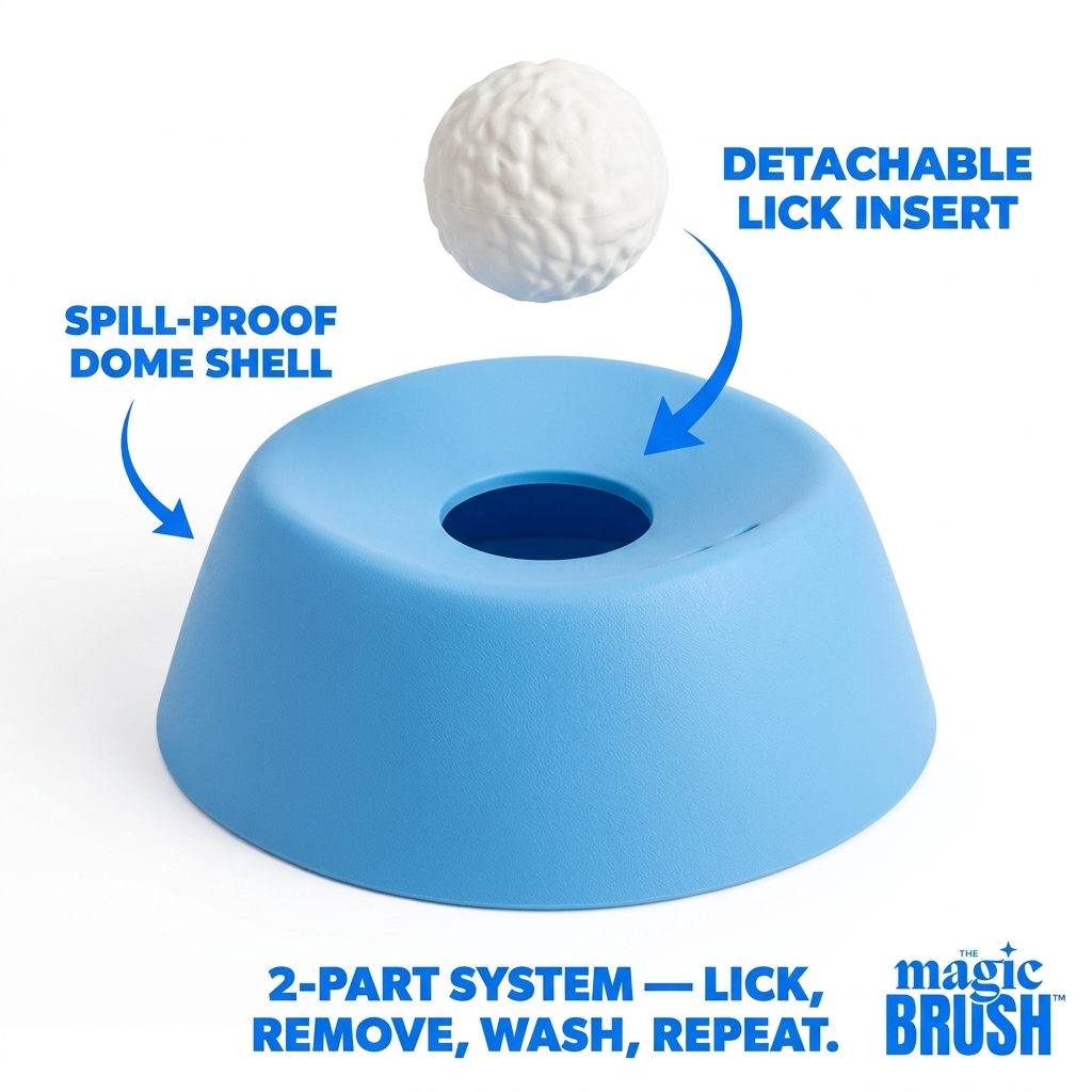 Blue pet toy with detachable lick insert and spill-proof dome shell, featuring text about its features and brand.