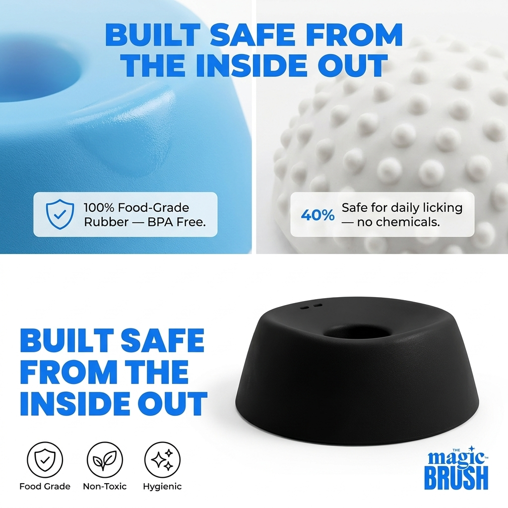 Silicone product with text highlighting safety features and brand name 'magicBRUSH'.