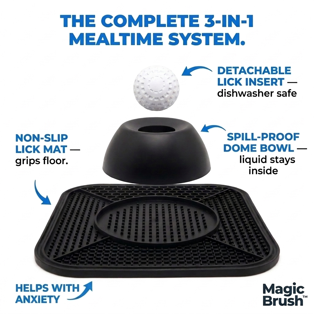 Black pet mealtime system with detachable lick insert, spill-proof dome bowl, and non-slip lick mat on a white background.
