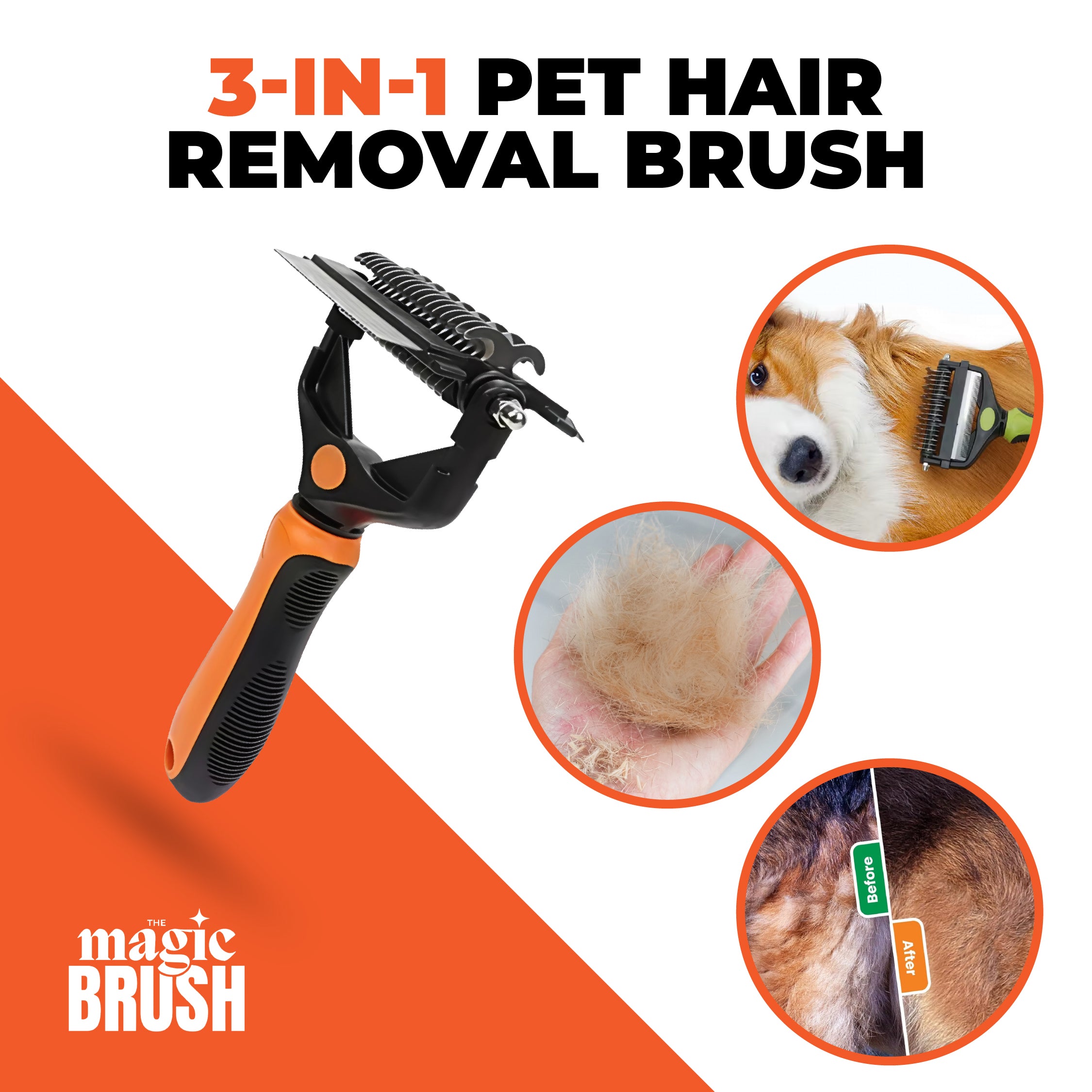 3-in-1 pet hair removal brush with illustrations of its use on a white background.
