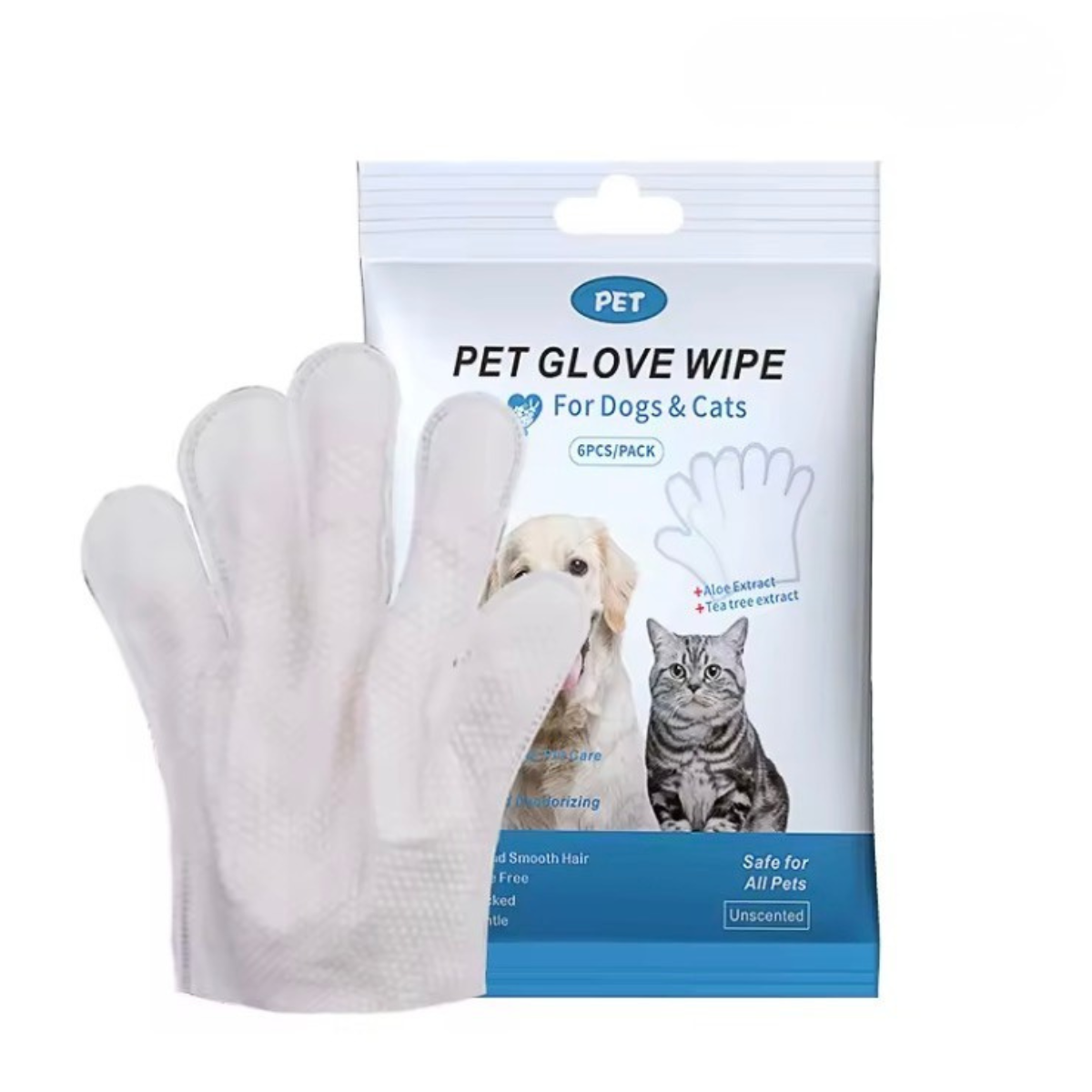 Pet glove wipes with packaging for dogs and cats on a white background