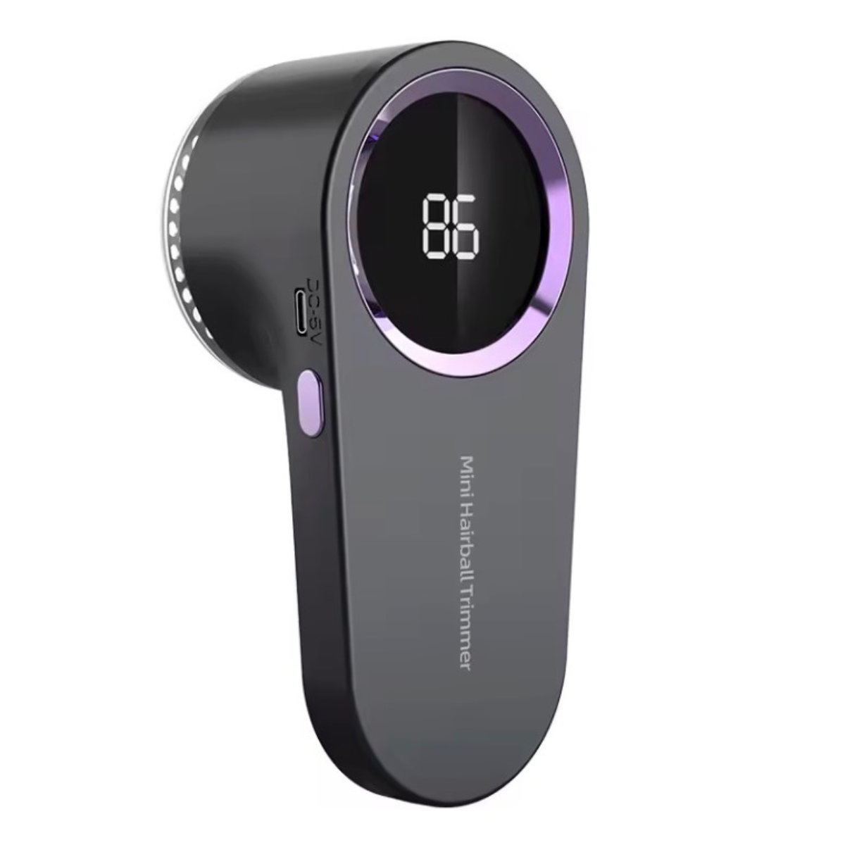 Black and purple hair trimmer with digital display on a white background