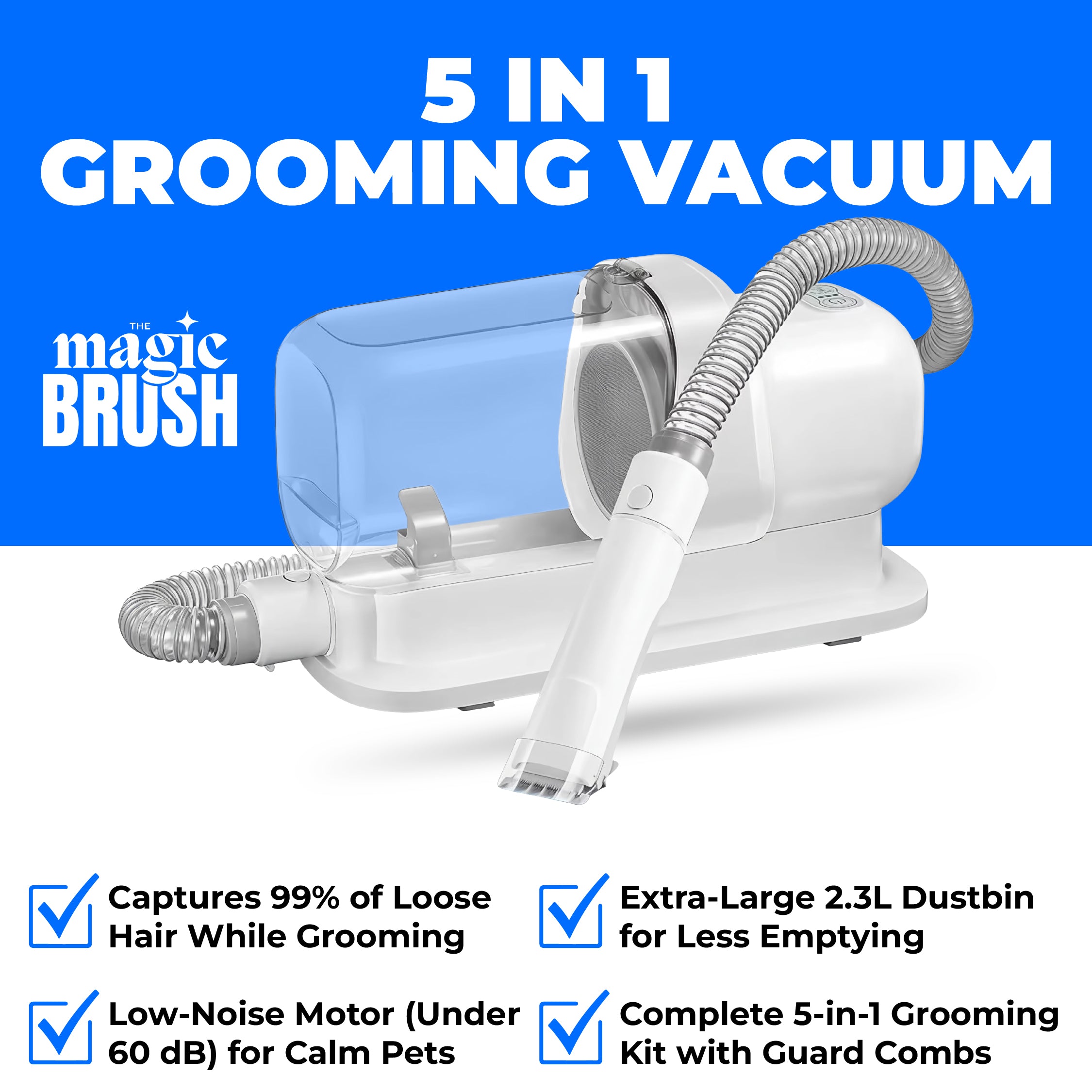 5-in-1 grooming vacuum with features listed on a blue and white background