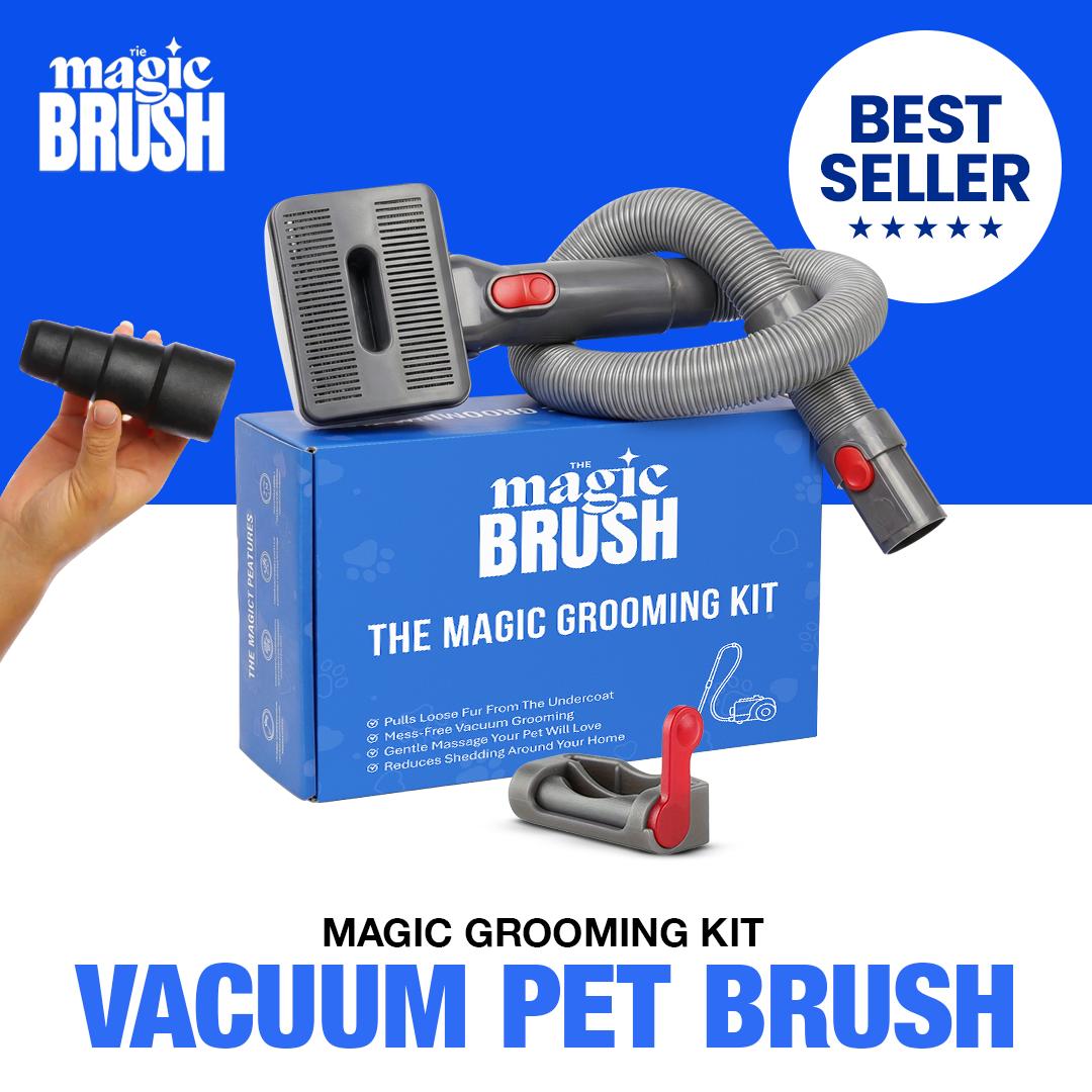 Magic Brush vacuum pet brush with packaging and 'Best Seller' label on a blue background