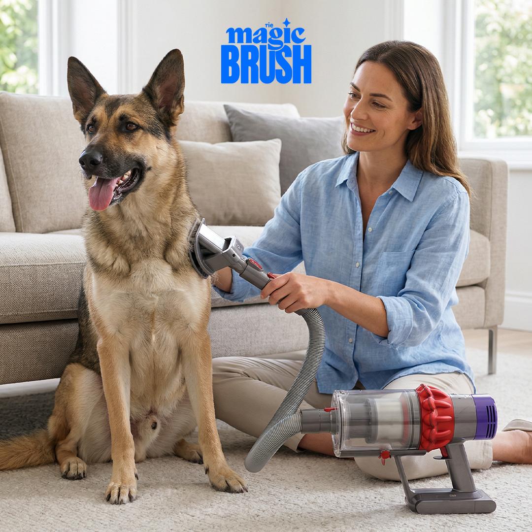 Woman using a magic brush on a dog in a living room, with the brand name visible.