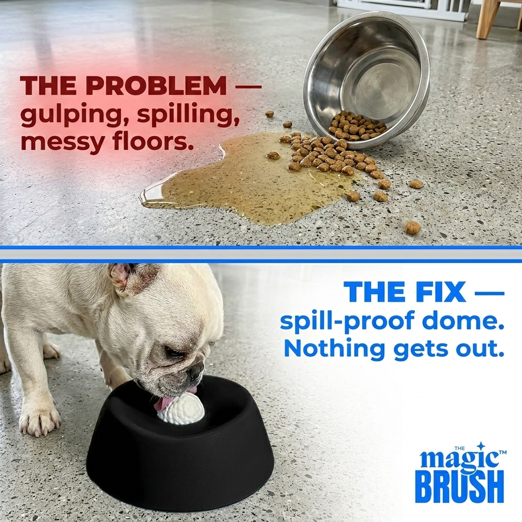 Dog bowl with spill-proof dome and spilled food on floor, promoting magic BRUSH product.