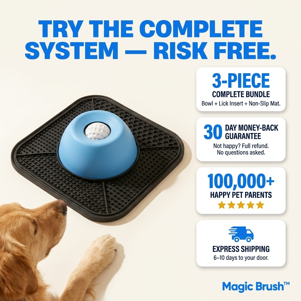 Dog interacting with a blue bowl on a black mat with promotional text about a complete system risk-free offer.